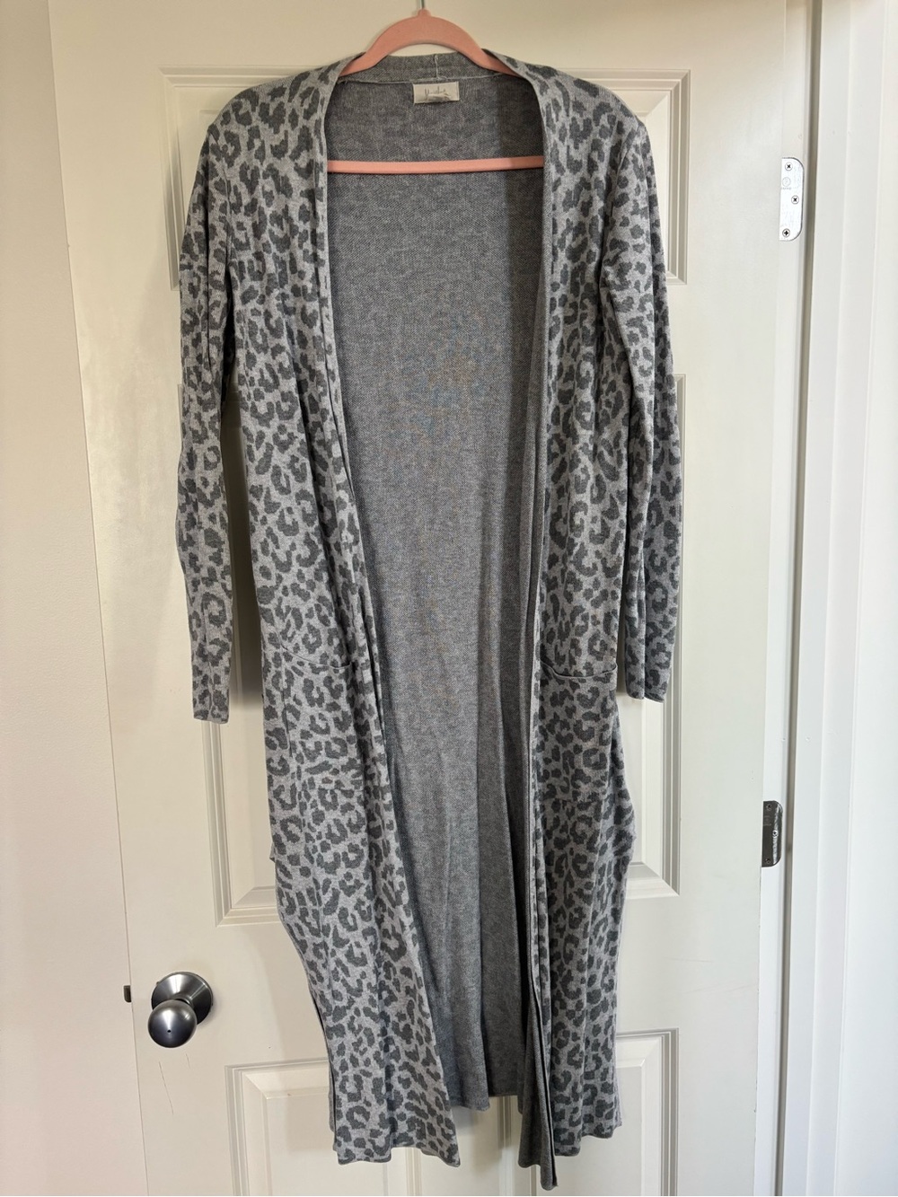 Kaisely Gray Leopard Long Open-Front Cardigan